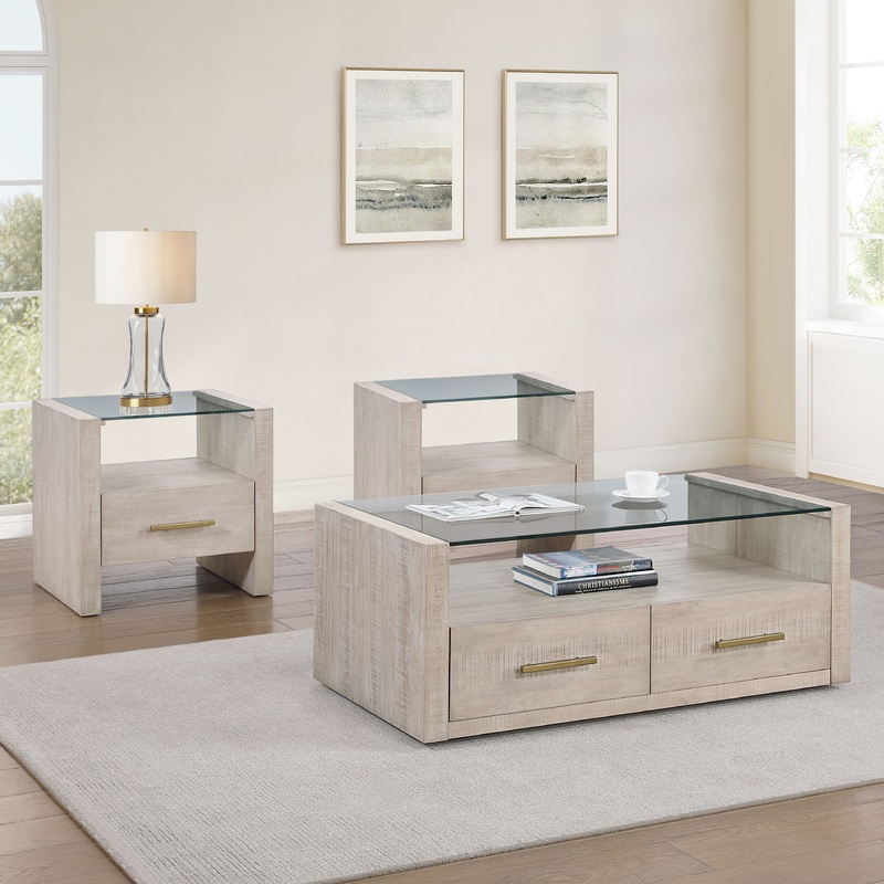 Garland – 3 Piece Glass Top Table Set, 2 Ends & Coffee – Washed Parchment