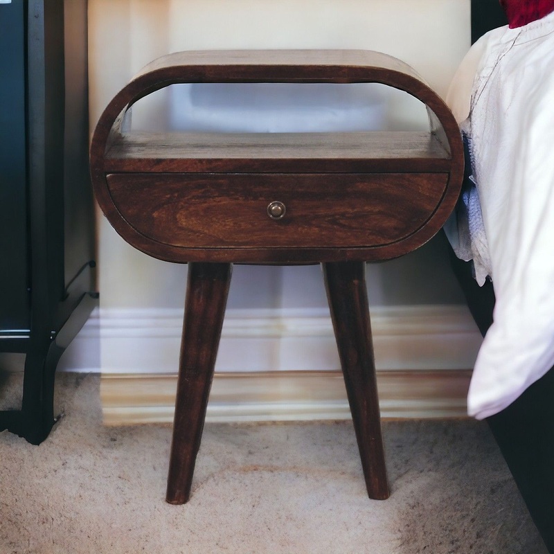 Wooden Circular Bedside Table With Open Slot – Walnut