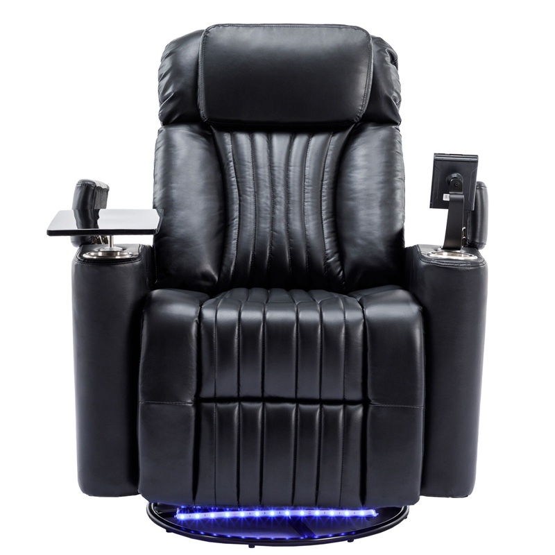 270 Power Swivel Recliner Home Theater Chair With Hidden Arm Storage, LED Light, Cup Holder, And Tray Table