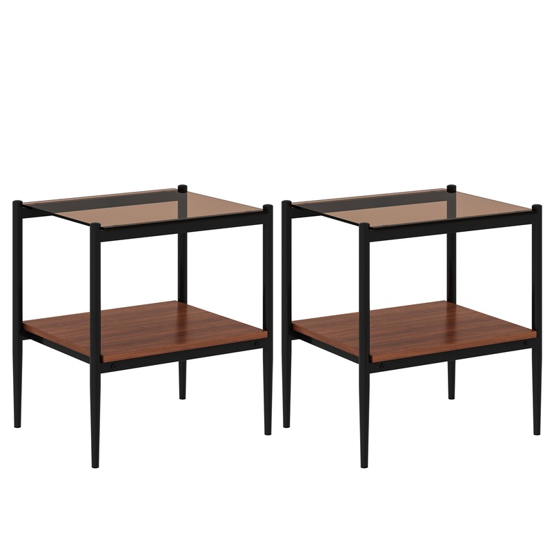 Modern Rectangle End Table (Set of 2) With Tempered Glass Tabletop And Layer – Brown