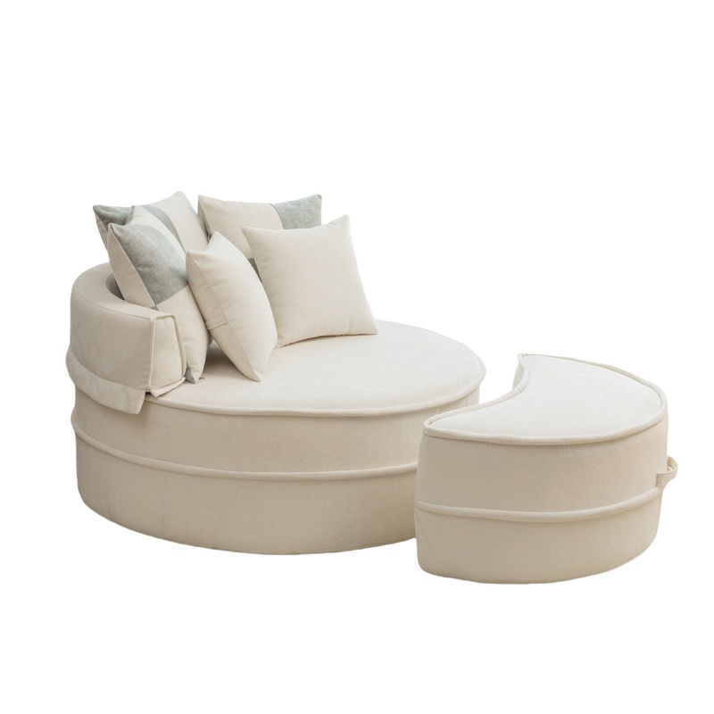 Modern Oversized Round Barrel Accent Chair With Ottoman