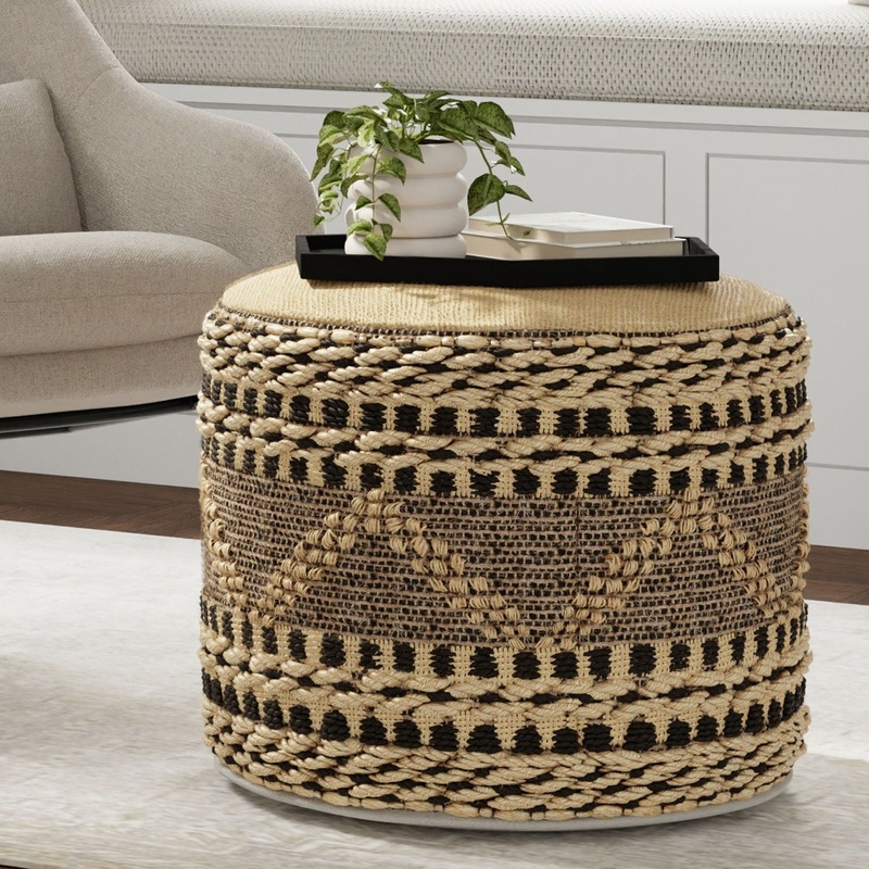Stella – Round Woven Pouf – Natural / Black