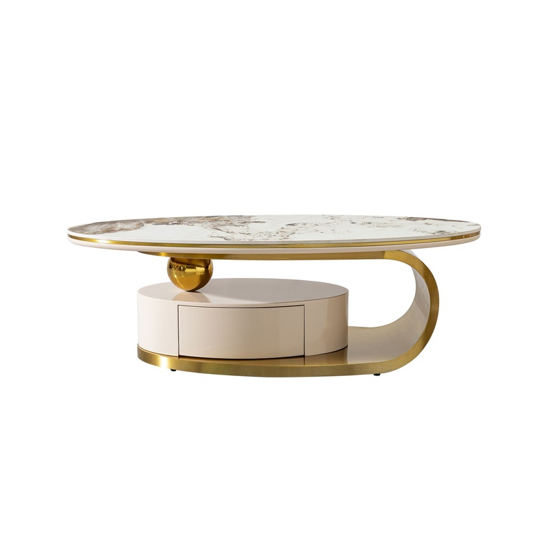 Modern Coffee Table Thick Sintered Stone Top With 2 Drawers Matt Stainless Steel Base – Gold