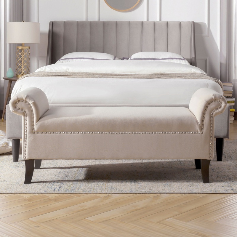 Kathy – Roll Arm Entryway Accent Bench – Sky Neutral Beige