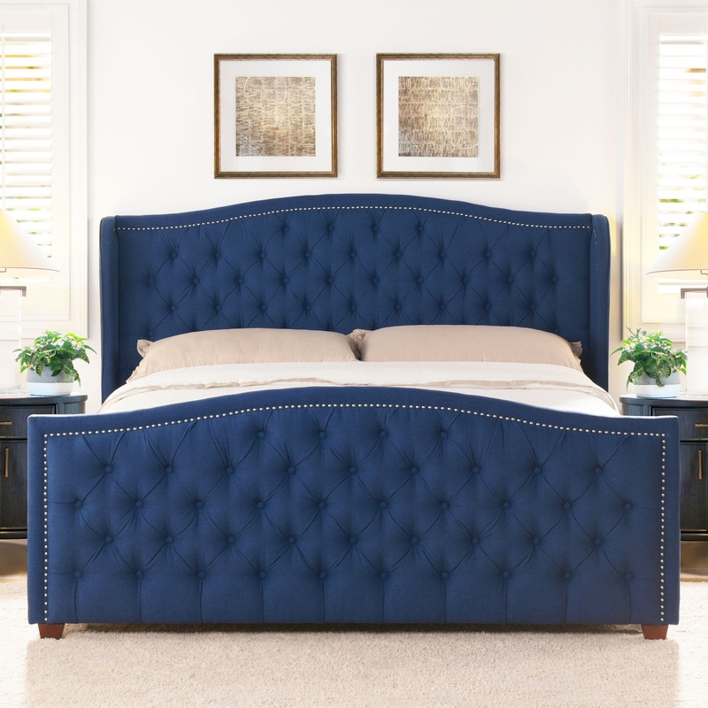 Marcella – King Upholstered Shelter Headboard Bed Set – Dark Sapphire Blue