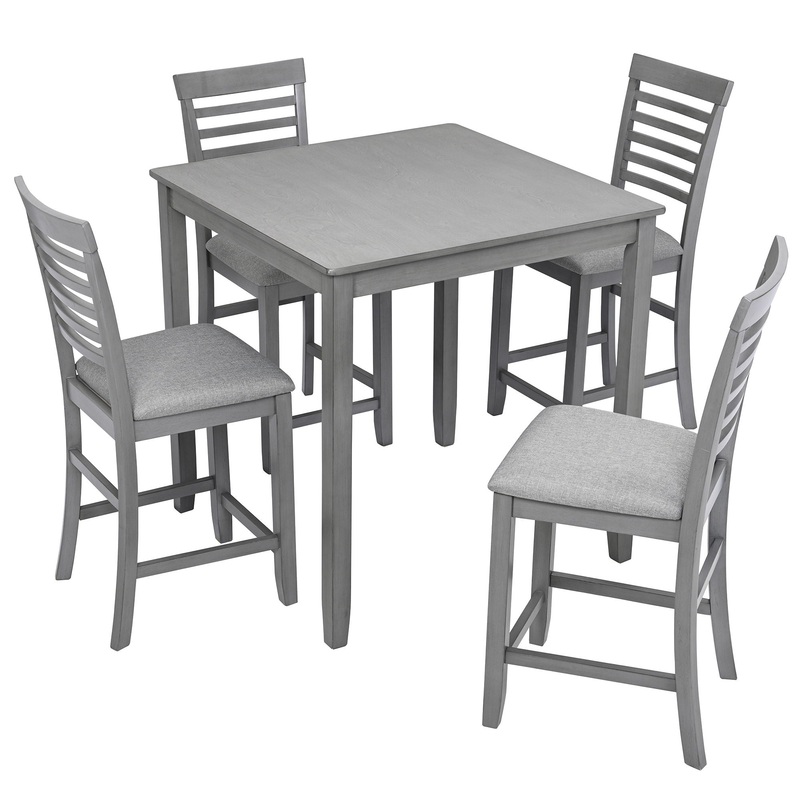 5 Piece Dining Table Set, Wooden Dining Square Table Set For 4, Counter Height Kitchen Table Set With Square Table And 4 Upholstered Chairs – Gray