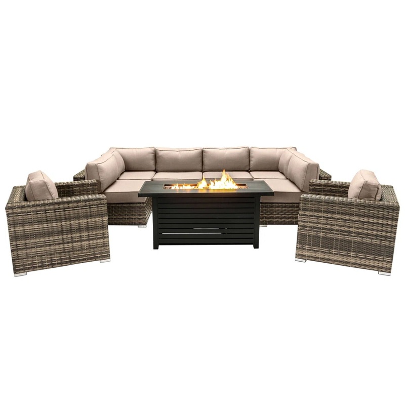 9 Piece Outdoor Sectional Set With Fire Pit Table And Cushions – Beige