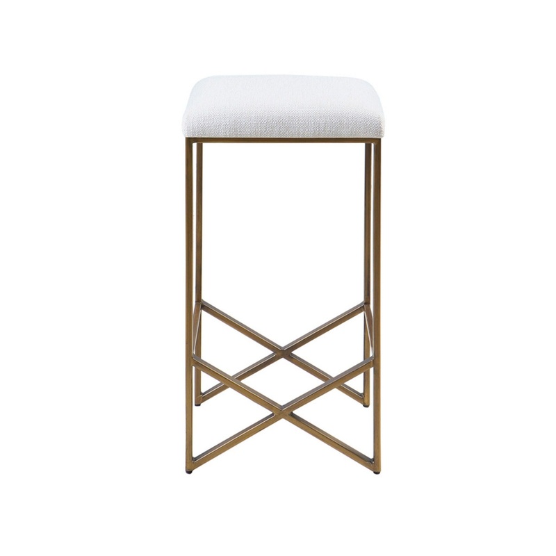 Backless Upholstered Counter Stool With Padded Seat – Ivory / Bronze