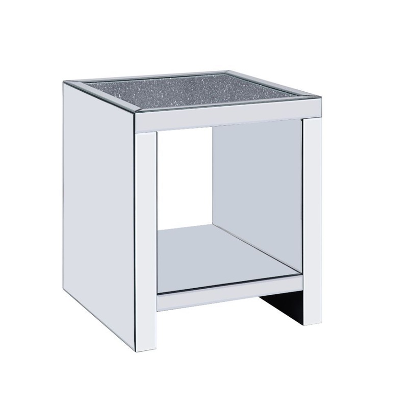 Noralie – End Table With Open Storage Compartment – Clear Glass, Mirrored & Faux Diamonds