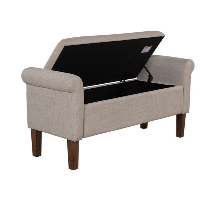 Upholstered Storage Bench With Rolled Armrests – Beige