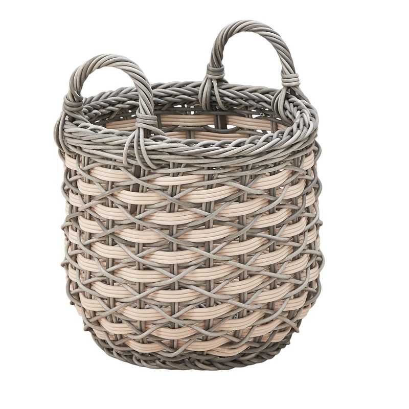 Round Resin Woven Wicker Multi Use Storage Basket With Handles – Cream / Gray