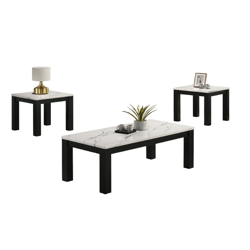Modern 3 Piece Living Room Table Set With Faux Marble Top Wooden – Black / White
