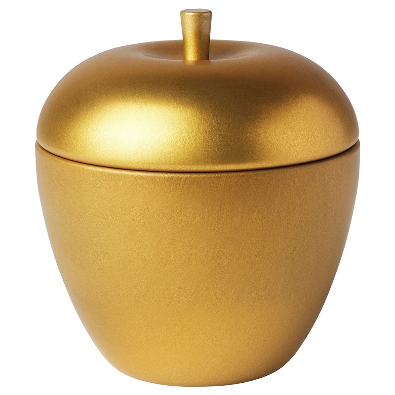 VINTERFINT scented candle in metal tin, apple-shaped/Apple and cinnamon gold-colour, 8 cm