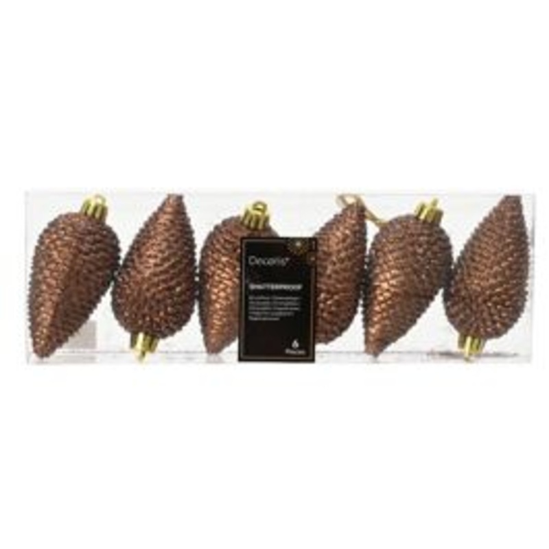 6 BROWN PLASTIC PINE CONES 8 CM