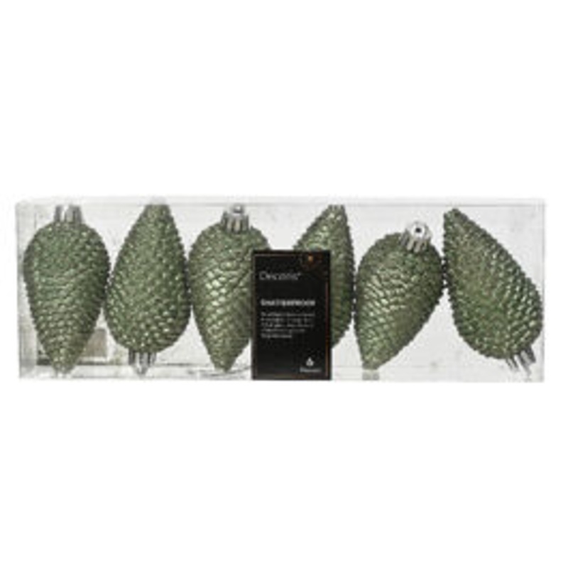 6 GREEN PLASTIC PINE CONES 8 CM