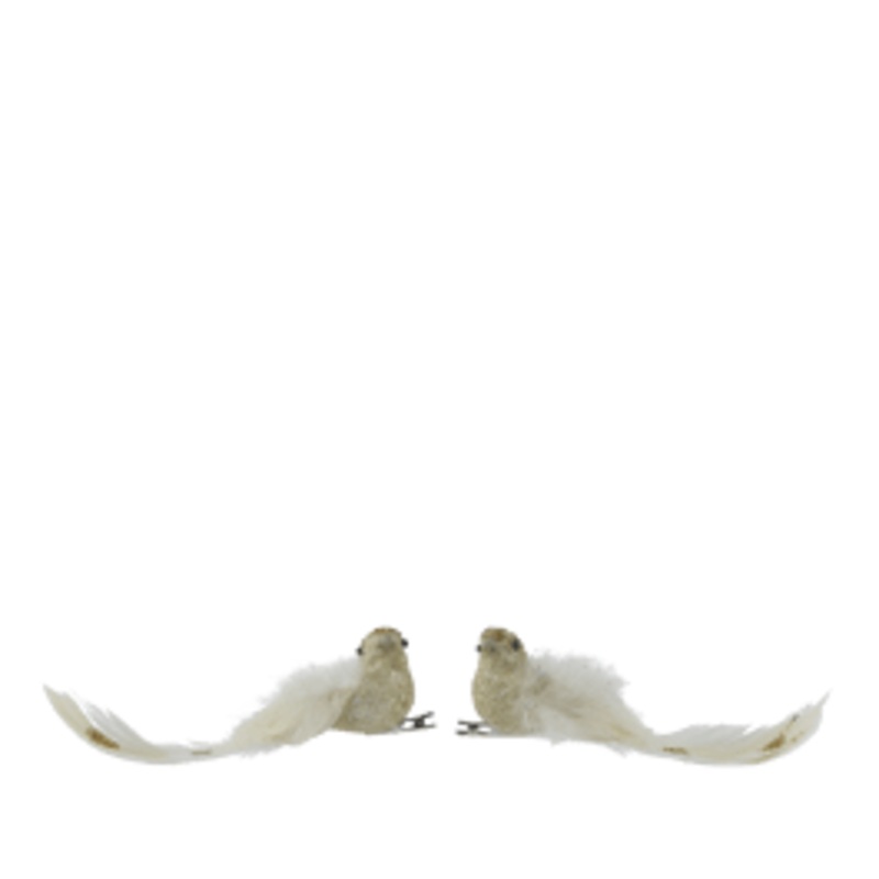 2 GOLD GLITTER BIRDS WITH FEATHERS L.15 C