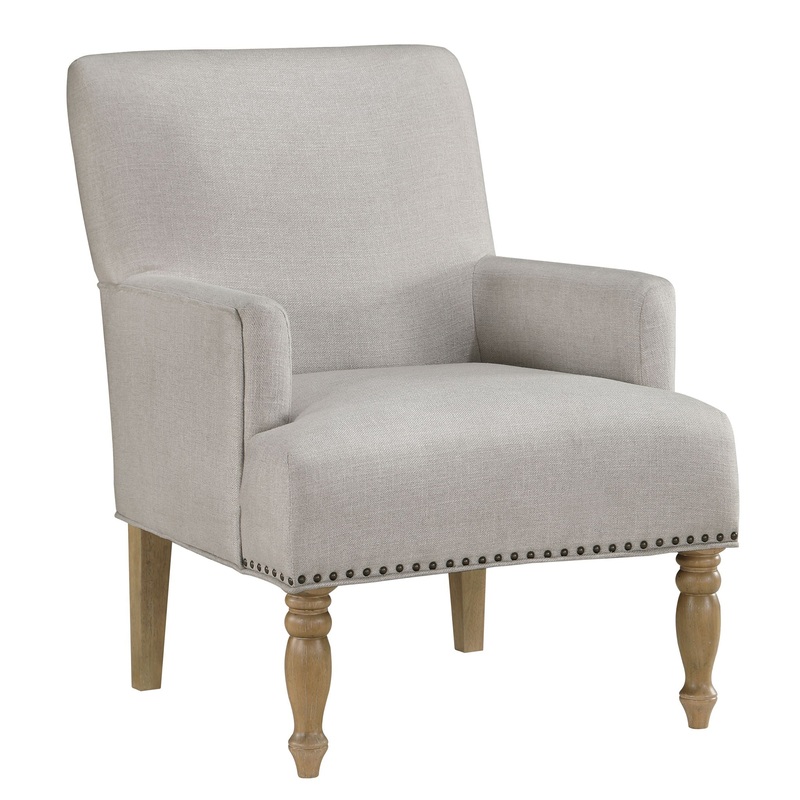 Alice – Upholstered Arm Chair With Pecan Legs And Antique Brass Nailheads – Beige