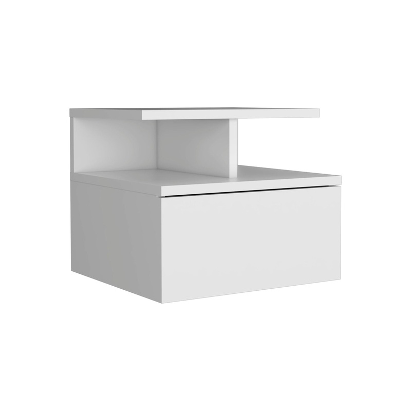 Floating Nightstand Wall Mounted With Single Drawer And 2 Tier Shelf – White