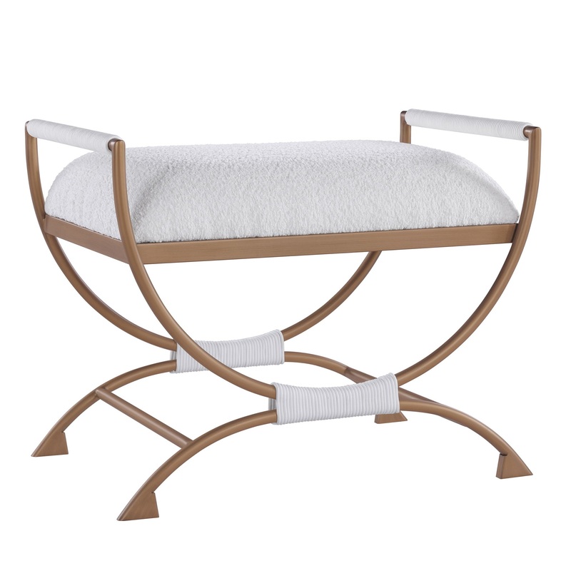 Nora – Bench With Bronze Metal Frame And Boucle Fabric Seat – White