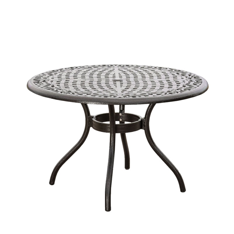 Tranquilius – Outdoor Round Dining Table With Lattice Tabletop, Umbrella Hole And Curved Legs