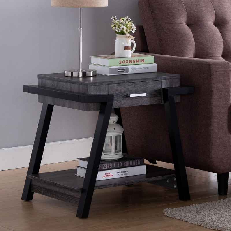 Home End Table With Drawer, Side Table With Storage Shelf – Distressed Gray / Black