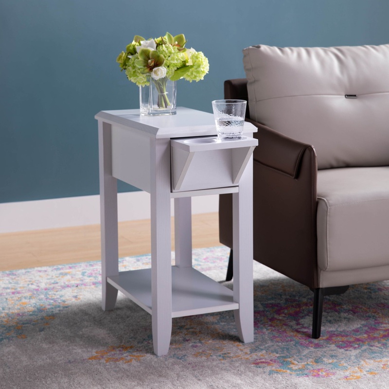 Modern Chairside Table With Two Cup Holders, Display Accent Table – White