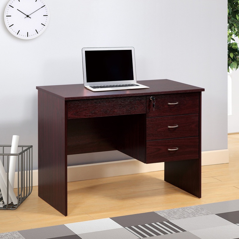 Three Locking Drawers On Metal Glides Student Desk Work Desk Modesty Panel Metal Bar Handles – Mahogany
