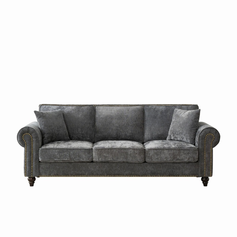 3 Seater Sofa With Tufted Upholstery, Rolled Arms, Nailhead Trim