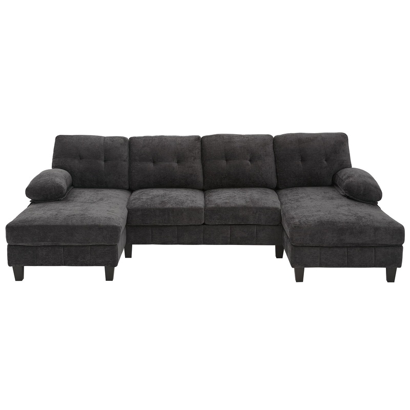U-Shaped Sectional Sofa 103.5 Black Chenille Fabric Couch With Dual Chaise Lounges, Storage Pockets, Armrest Pillows