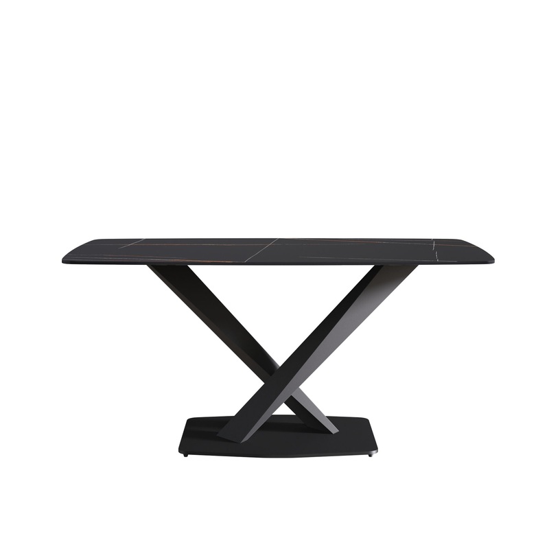 63 Artificial Stone Black Curved Black Metal Leg Dining Table – Black