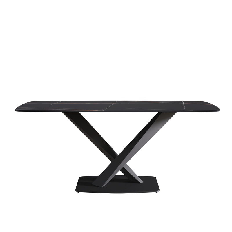 70.87 Modern Artificial Stone Black Curved Black Metal Leg Dining Table, Can Accommodate 6-8 People – Black