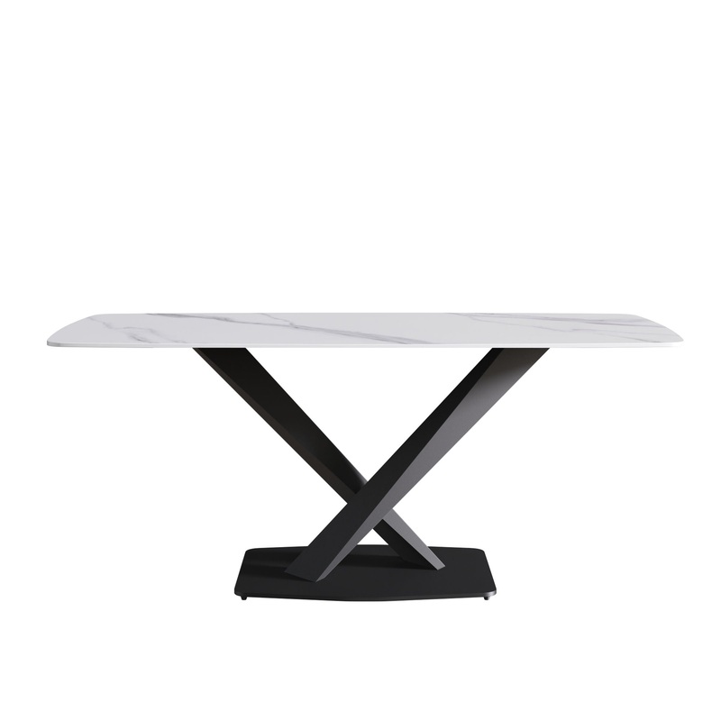 70.87 Modern Artificial Stone White Curved Black Metal Leg Dining Table, Can Accommodate 6-8 People – White / Black