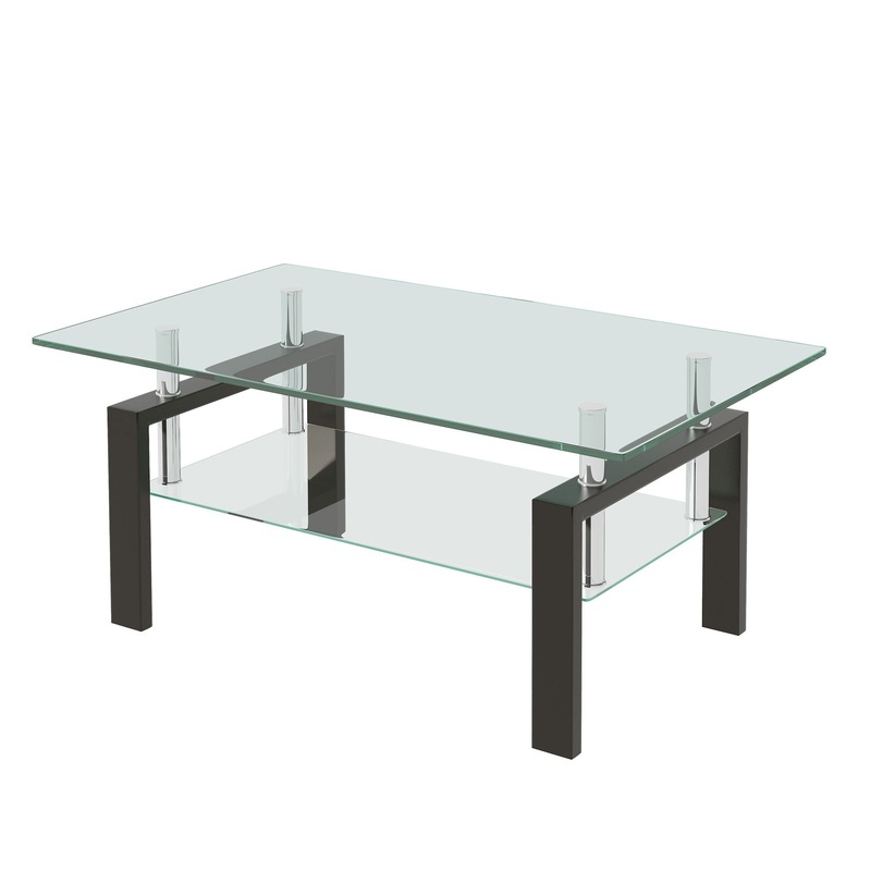 Tempered Clear Glass Coffee Table, 2-Layers Coffee Table Living Room Center Table – Black