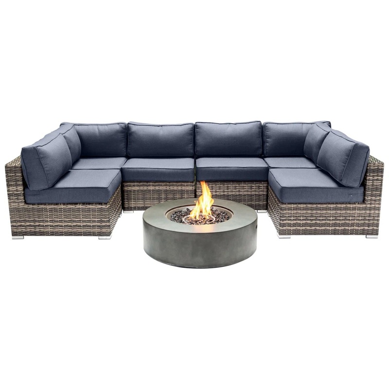 Outdoor 7 Piece Sectional Seating Group With Cushions And Fire Pit – Gray / Navy