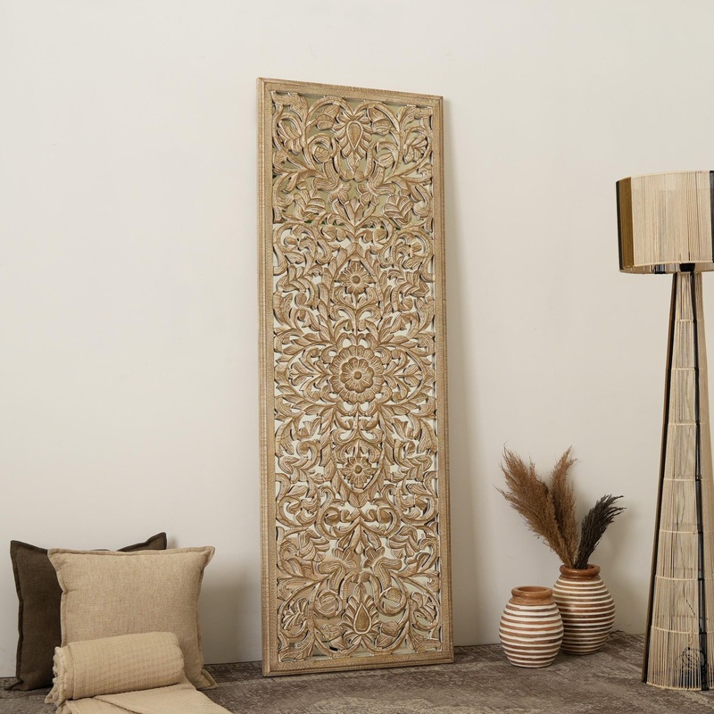 Floral Hand Carved Mandala Rectangle Wall Decor With Mirror – Antique Brown / White