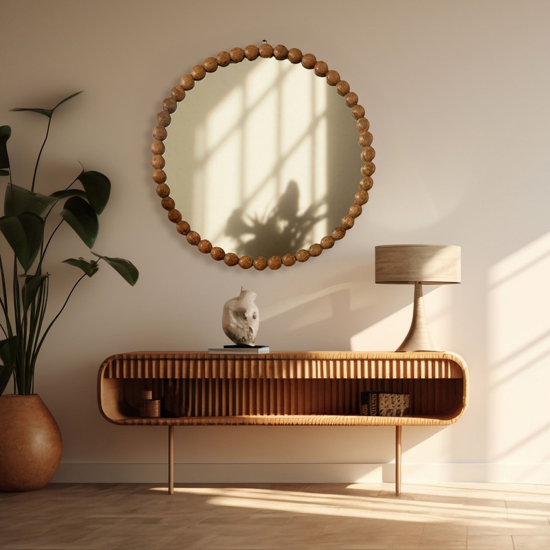 Decorative Round Hanging Wall Mirror With Bead Design Frame – Natural