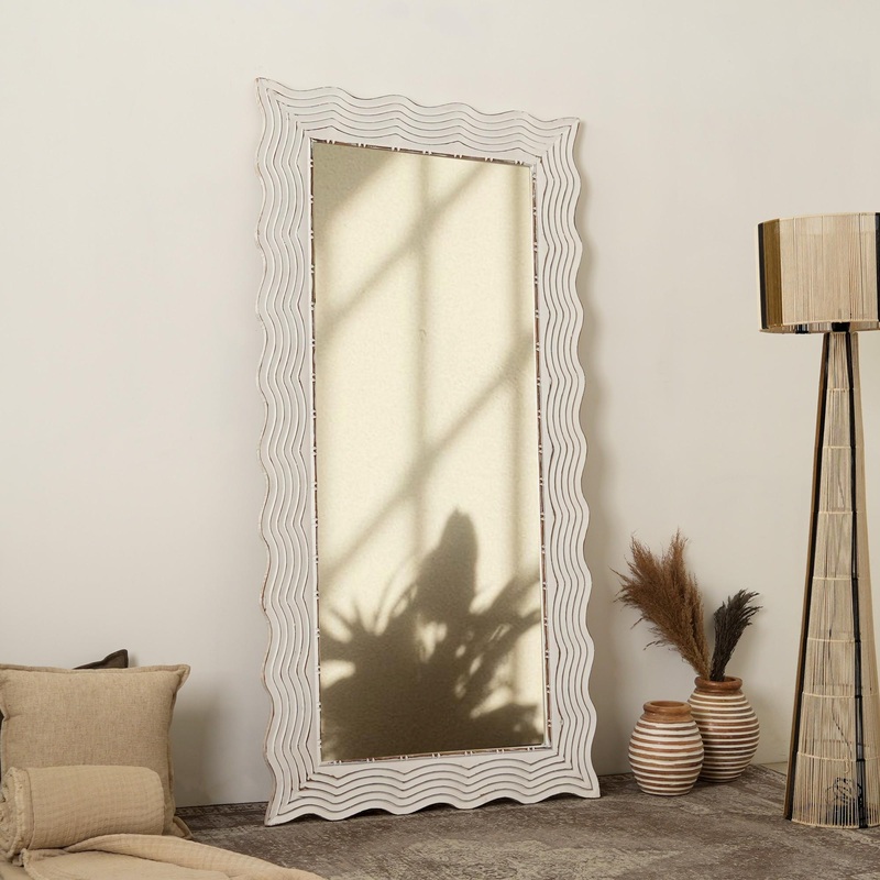 Handcarved Wave Design Rectangle Mirror Accent Enhancing Space – Antique White