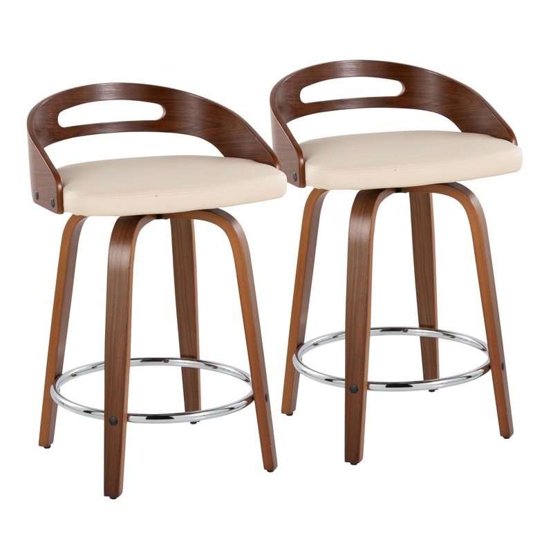 Cassis – Mid-Century Modern Fixed Height Counter Stool With Swivel (Set of 2) – Beige / Walnut