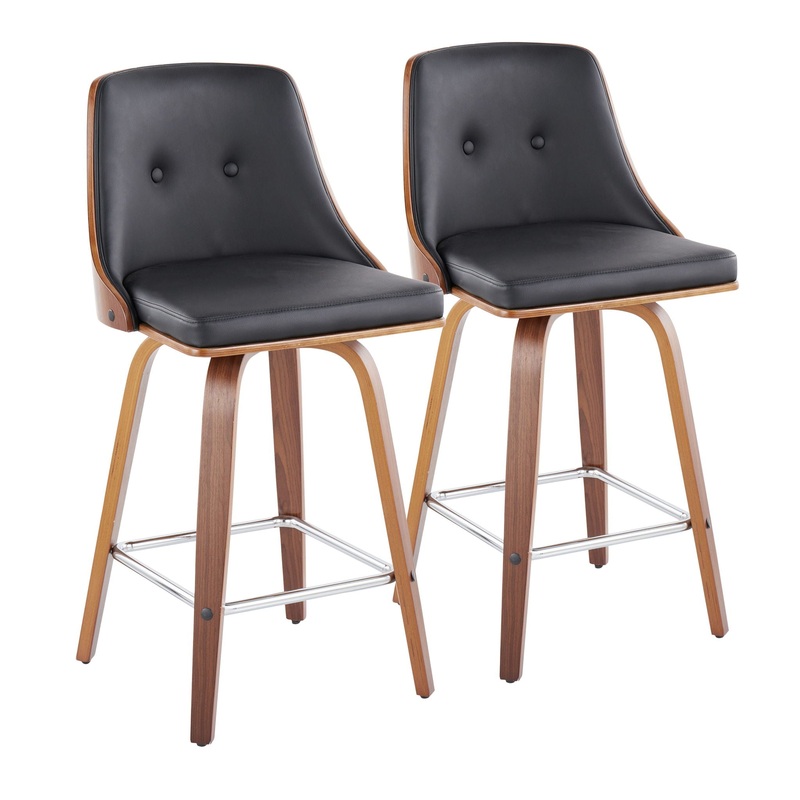 Gianna – Mid-Century Modern Fixed Height Counter Stool With Swivel And Round Footrest (Set of 2) – Black / Walnut