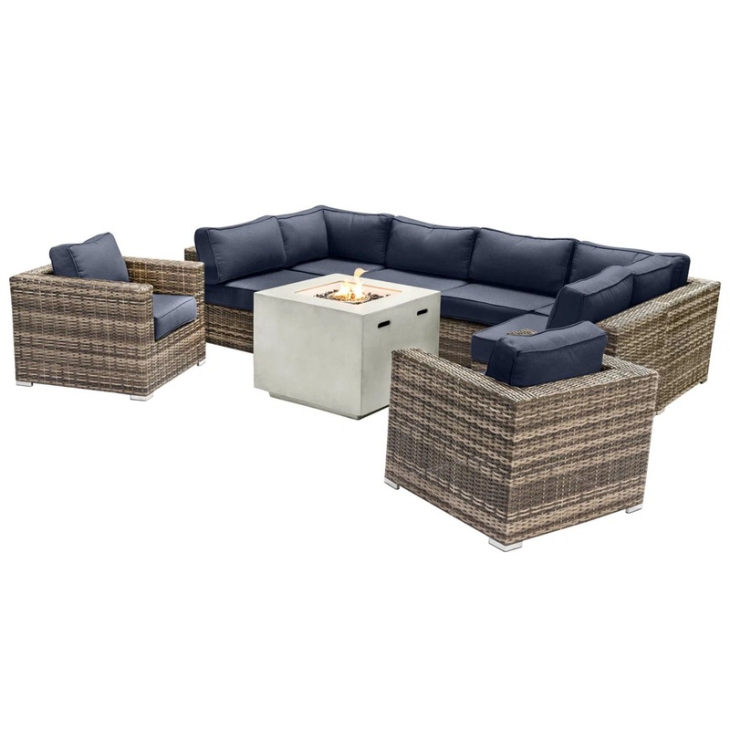 Premium 6 Person Wicker Patio Seating Group With Deep Cushions And Concrete Fire Pit – Gray Mix