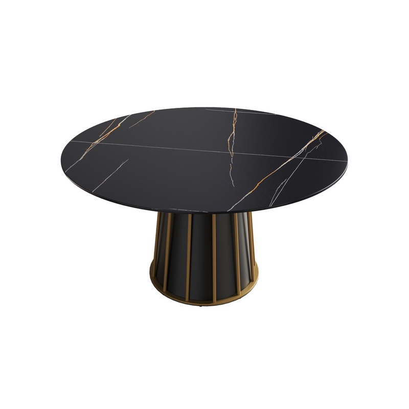 Modern Artificial Stone Round Metal Iron Base Dining Table, Can Accommodate 6 People (Not Including Chairs.) – Black