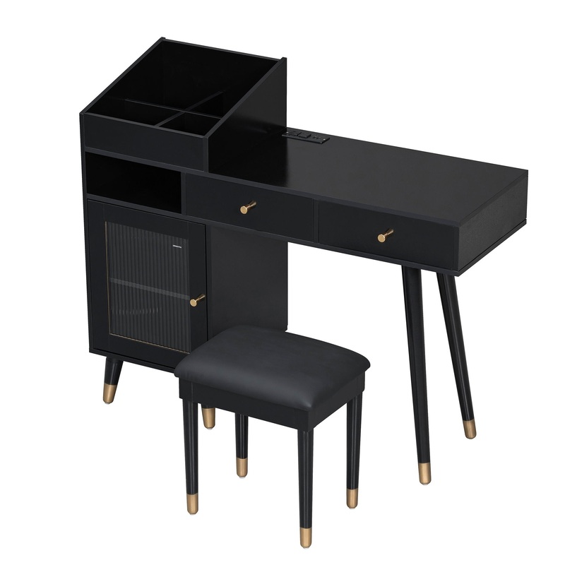 Modern Makeup Vanity Desk With Drawers Cabinet & Charging Port Engineered Wood Space Saving Design For Small Places – Black