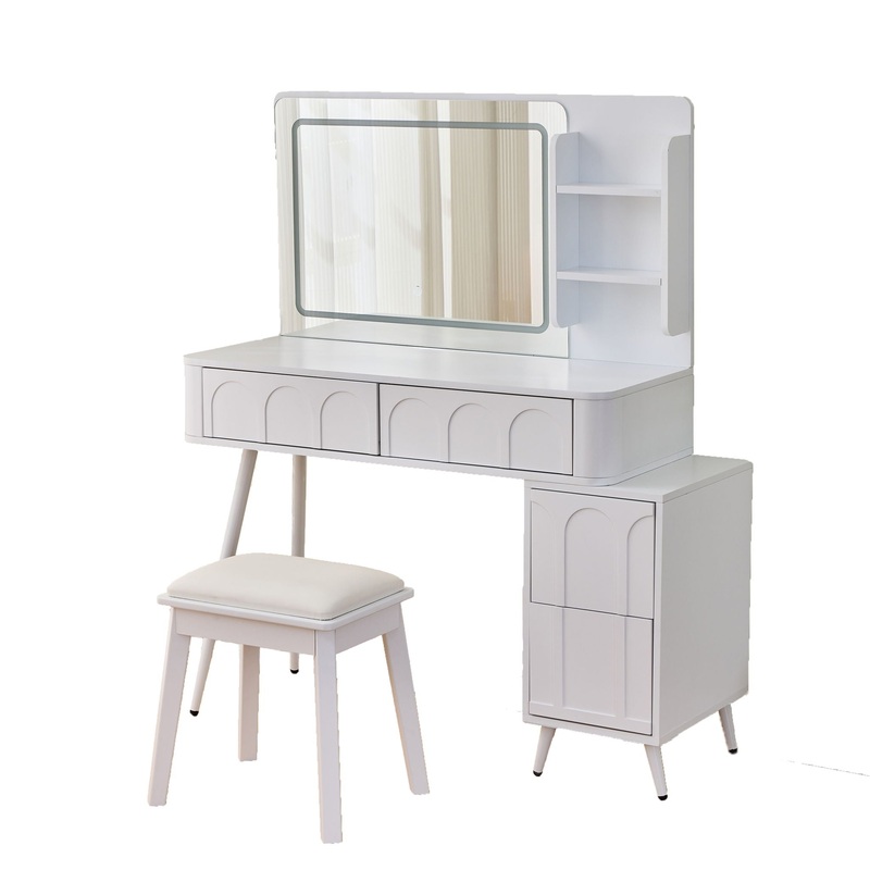 Modern Makeup Vanity Desk With LED Lights & Mirror 4 Drawer Dressing Table Set Space Saving For Bedroom – White