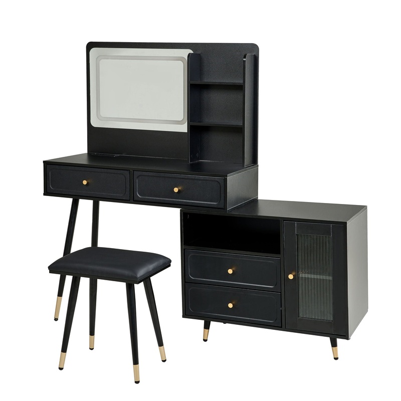 Modern Makeup Vanity Desk With Mirror And Lights Retractable Design Engineered Wood – Black