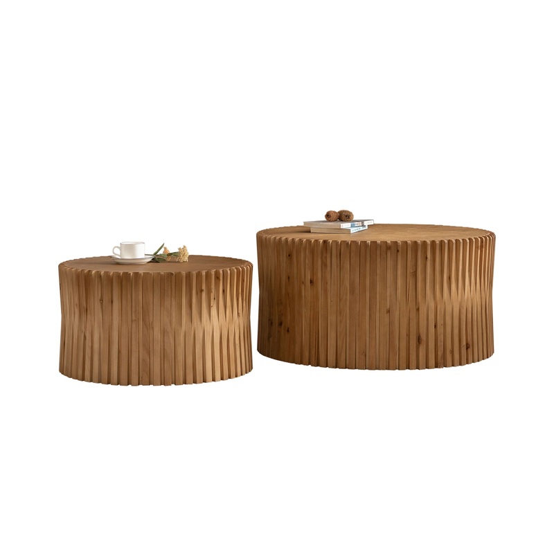 Vintage Fashion Style Cylindrical Nesting Coffee Table Set With Vertical Textured Embossed Design – Natural