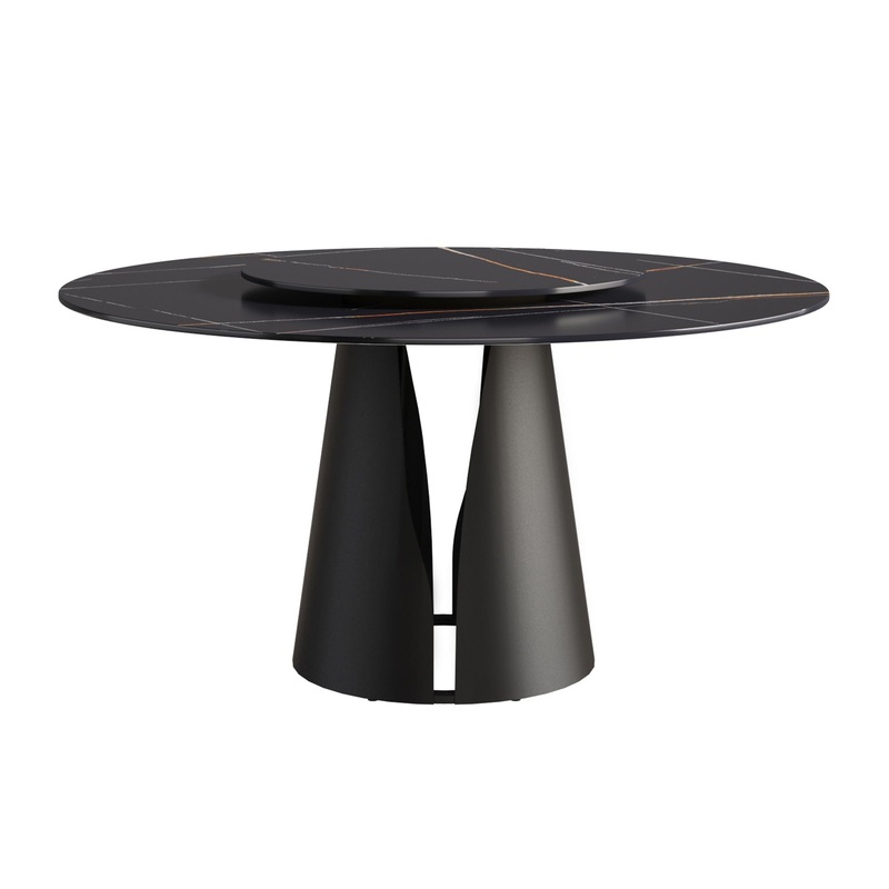 53.15 Round Modern Artificial Stone Carbon Steel Base Dining Table, Can Accommodate 6 People – Black / Gold