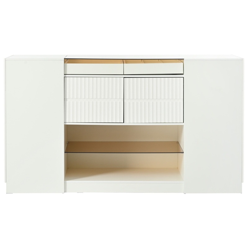 Modern Luxury Multi-Functional Island Vanity Dresser And Storage Cabinet With Glass Tabletop, Display Shelf, 6 Drawers For Walk In Wardrobe And Bedroom – Cream White