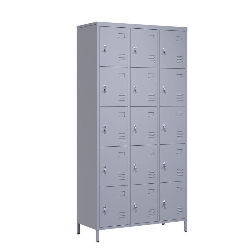 15 Door Lockers With Lock For Storage In Home, Gym, Office, And School – Gray