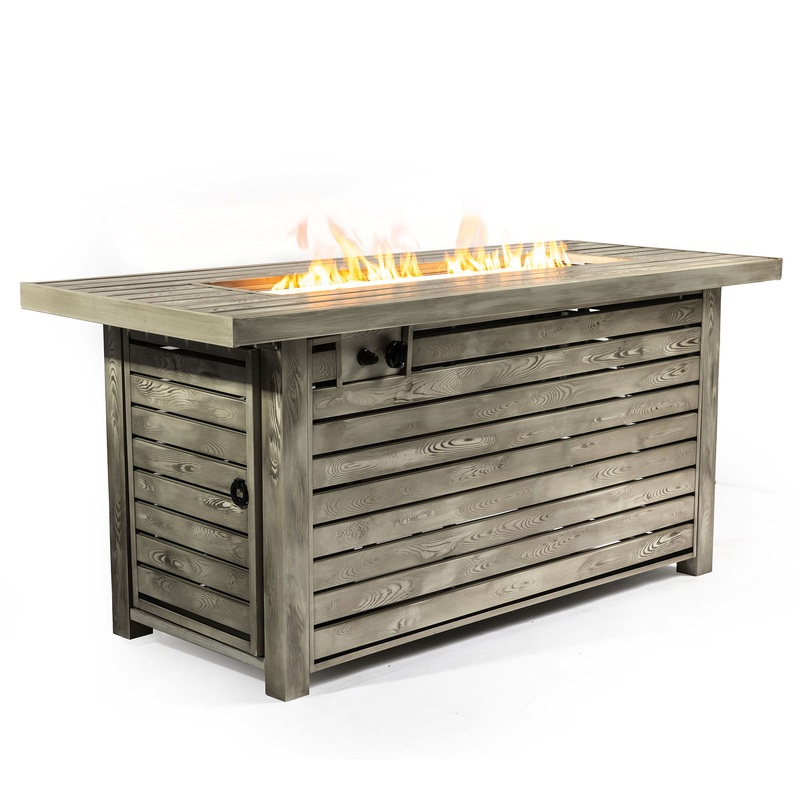 54 Propane Gas Fire Pit Table, 50000 Btu Rectangular Steel Fire Pit With Imitation Wood Grain For Outside Patio Deck Garden Courtyard – Light Beige