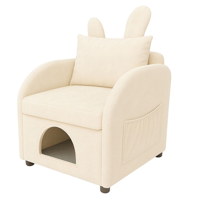 Bunny Ear Pet Friendly Armchair With Hidden Pet House With Storage Pocket For Bedroom & Living Room – Beige